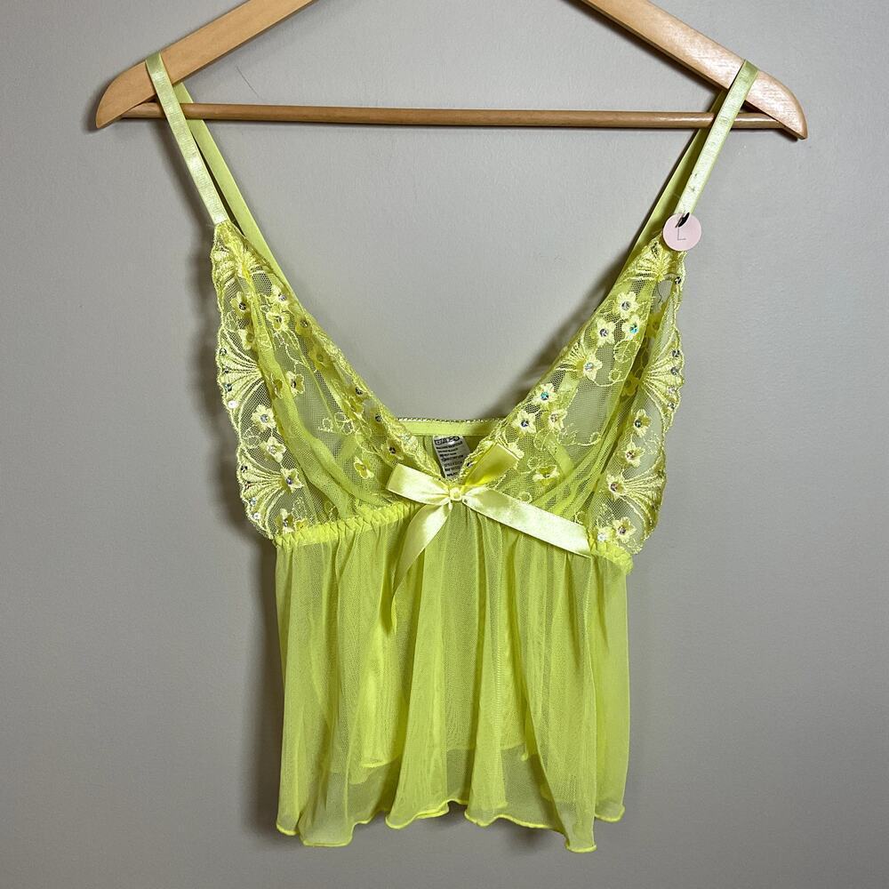 Lacy Embellished Bright Yellow‎ Baby Doll Camisole Top NWT Sheer w Bow Accent Lg